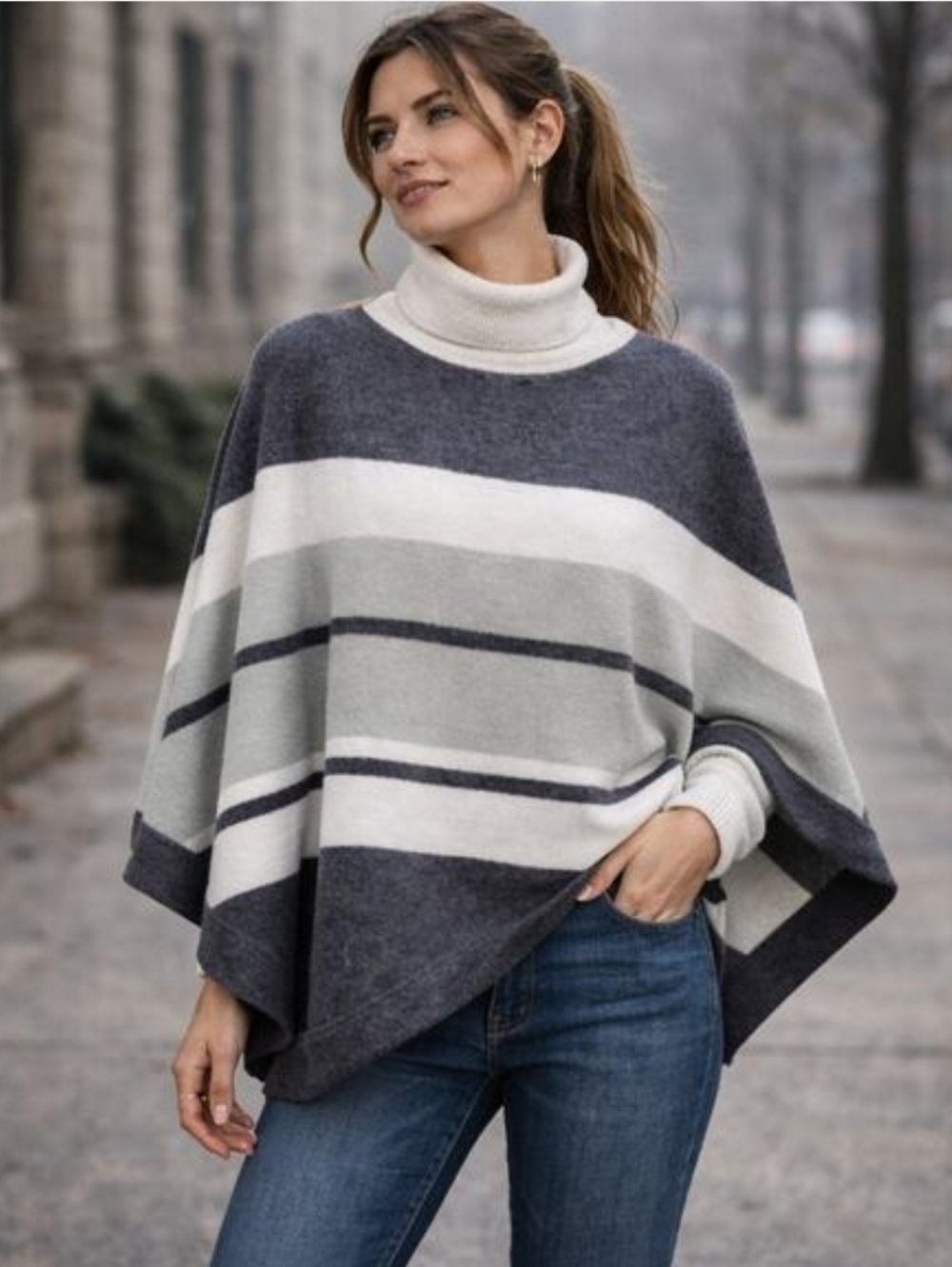 NWT Barefoot Dreams CozyChic Ultra Lite Ocean Breeze Poncho Blue Water Stripe OS